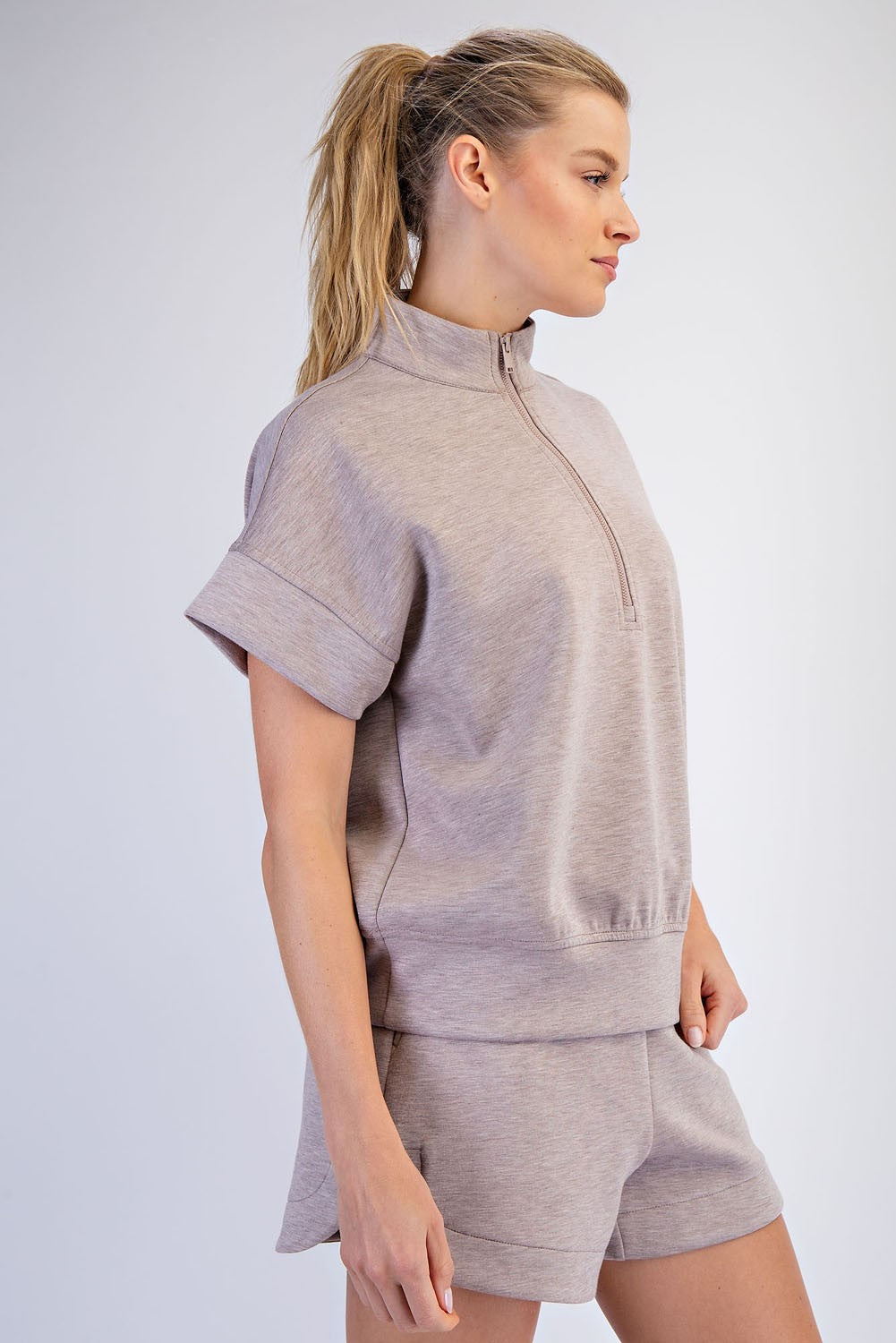 Nude Short Sleeve Quarter Zip Mock Neck Lounge Pullover