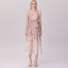 Floral Organza Midi Dress with Spaghetti Straps and Waist Tie