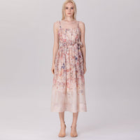 Floral Organza Midi Dress with Spaghetti Straps and Waist Tie