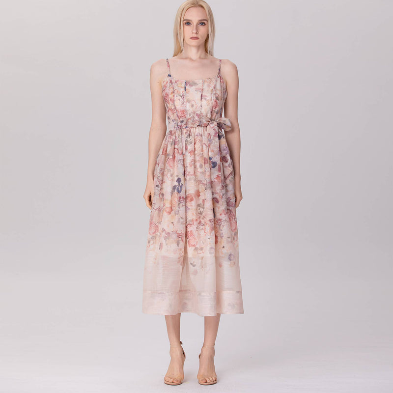 Floral Organza Midi Dress with Spaghetti Straps and Waist Tie