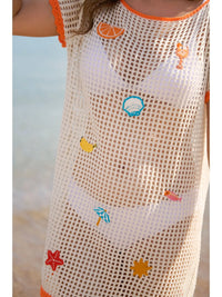 White Crochet Mesh Beach Cover Up with Orange Trim