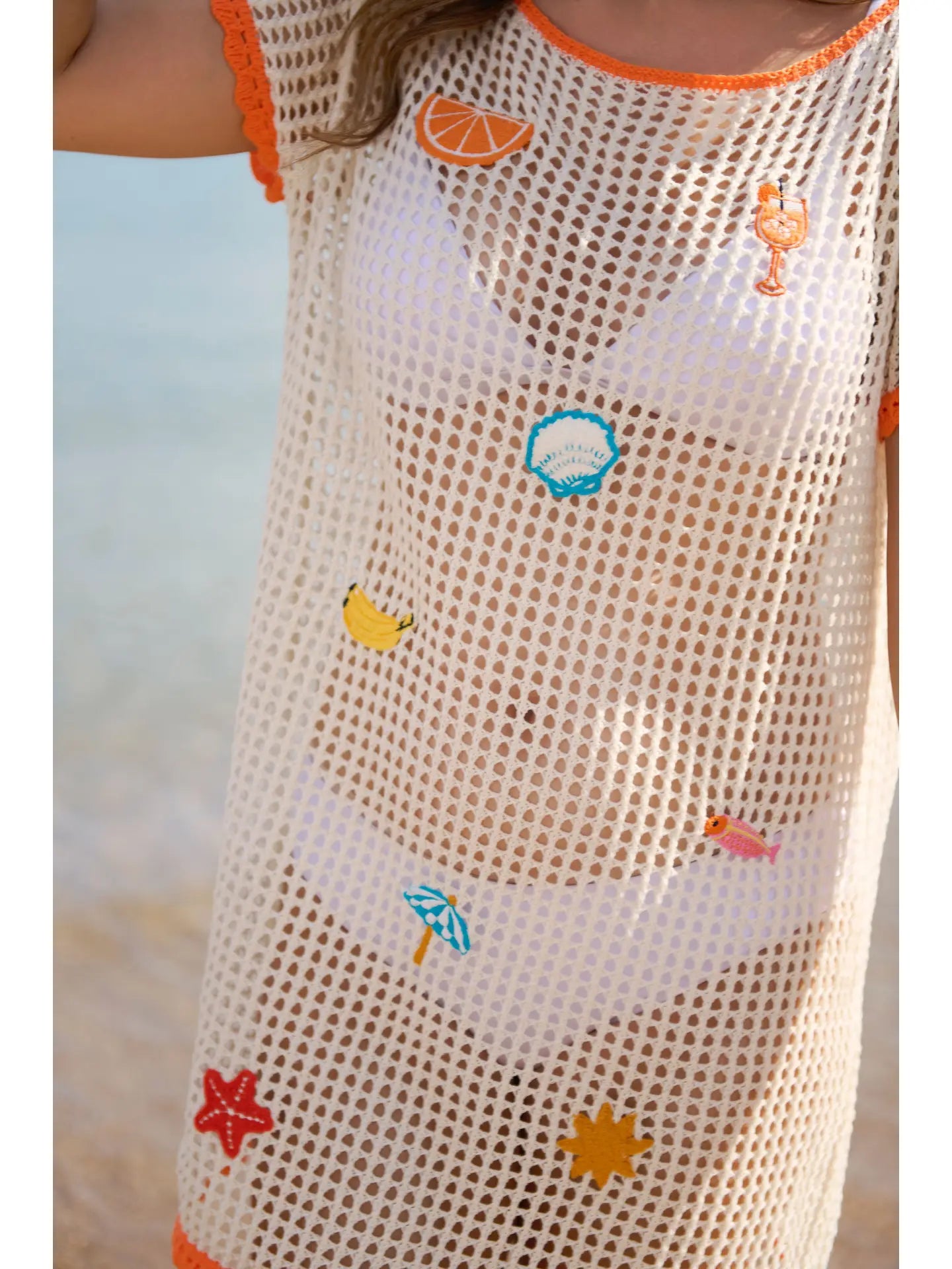 White Crochet Mesh Beach Cover Up with Orange Trim