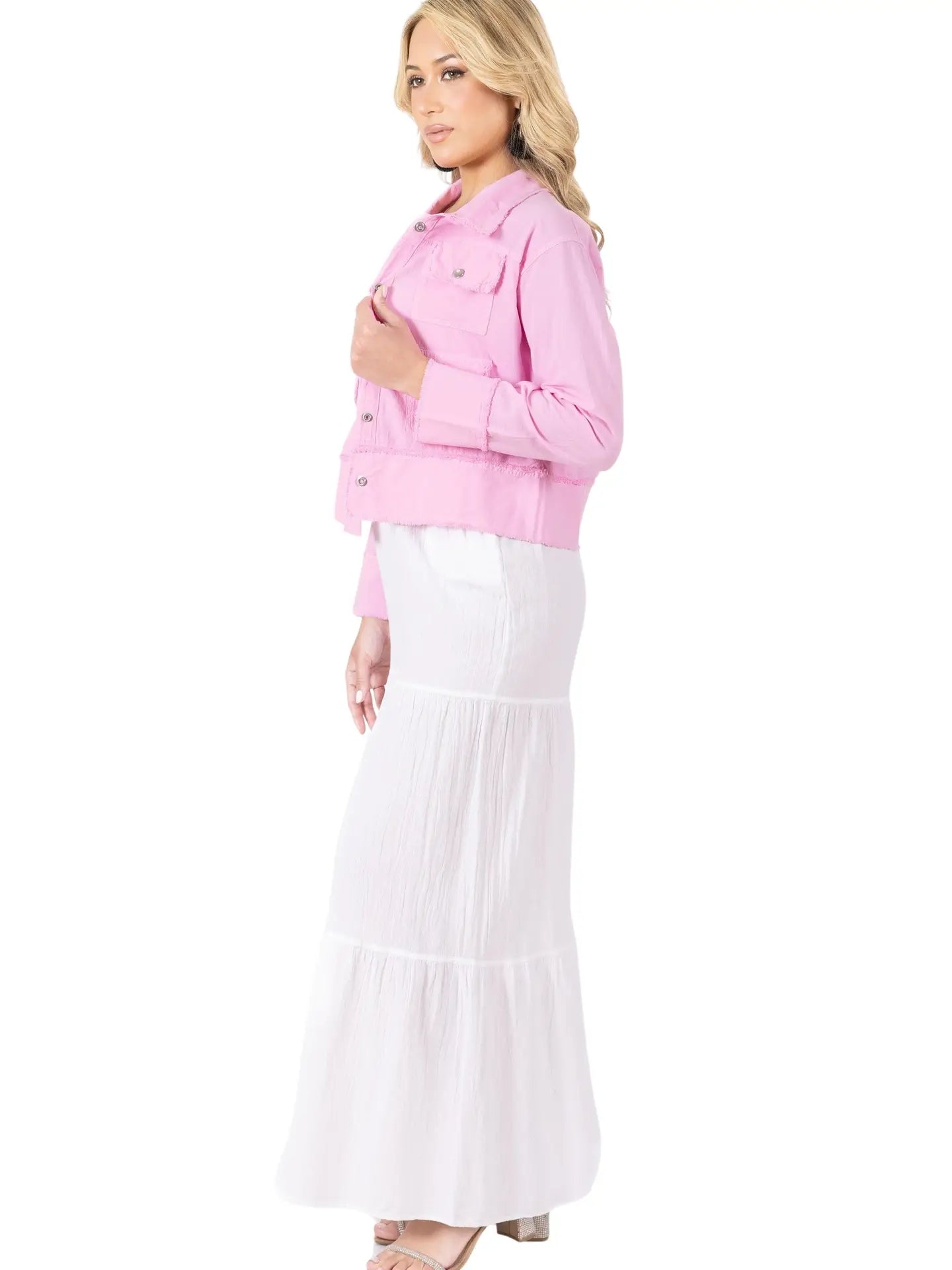 Pink Cropped Utility Jacket with Button Front and Pocket Detail