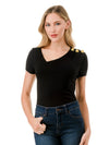 Asymmetric Neckline Black Tee with Gold Shoulder Buttons