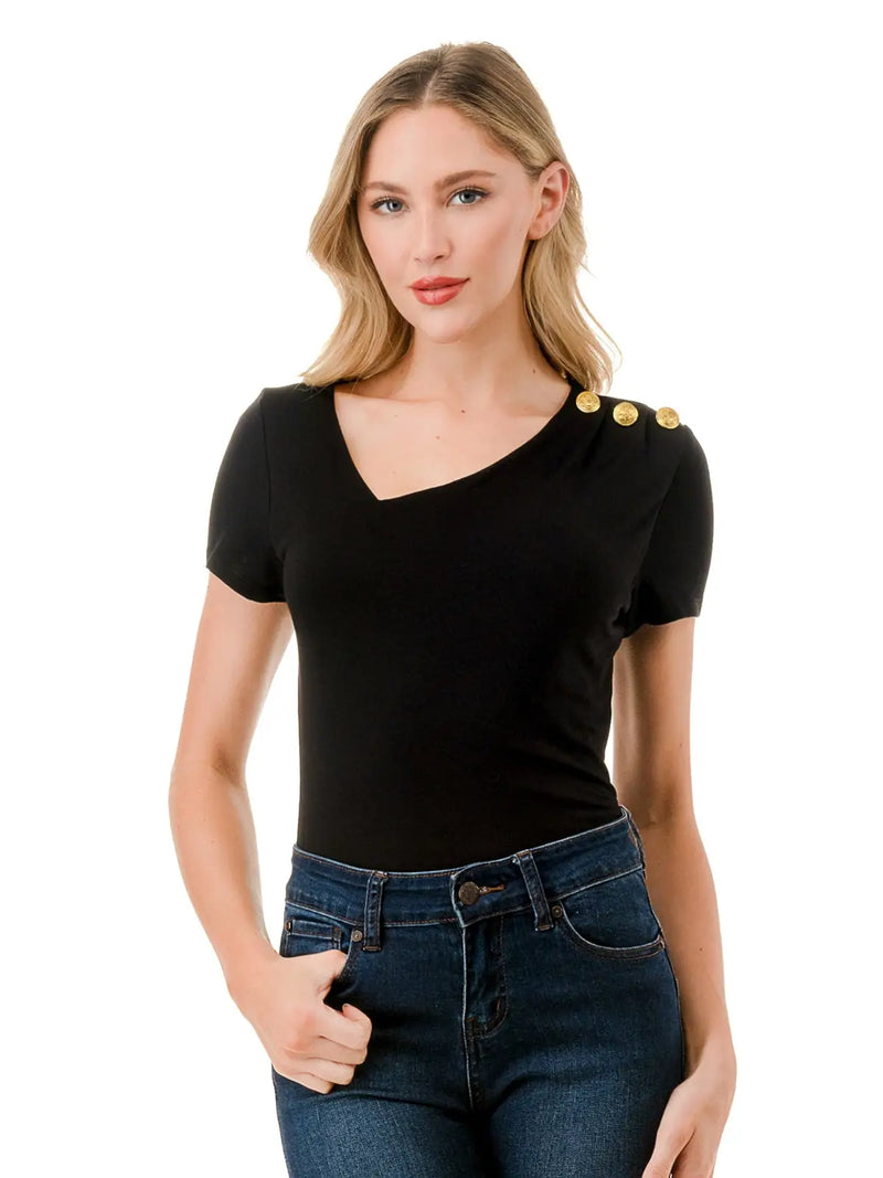 Asymmetric Neckline Black Tee with Gold Shoulder Buttons