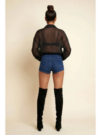 Cropped Pinstripe Button Down Shirt with Contrast Cuffs