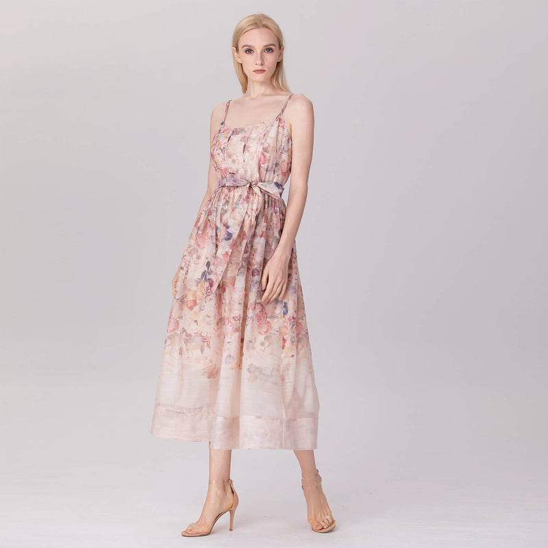 Floral Organza Midi Dress with Spaghetti Straps and Waist Tie