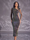 Sheer Mesh Iridescent Midi Dress with Asymmetric Cut-Out