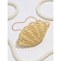 Pearl Embellished Woven Shell Clutch Bag with Chain Strap