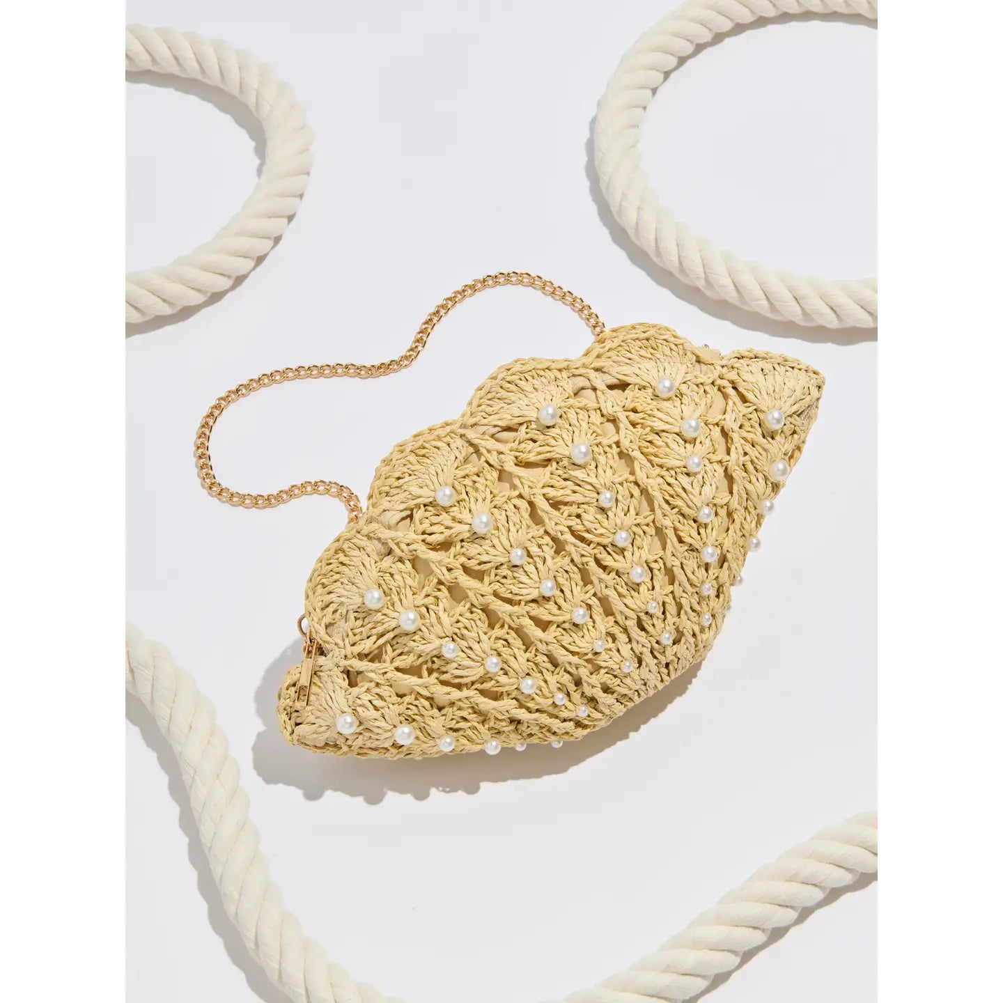 Pearl Embellished Woven Shell Clutch Bag with Chain Strap