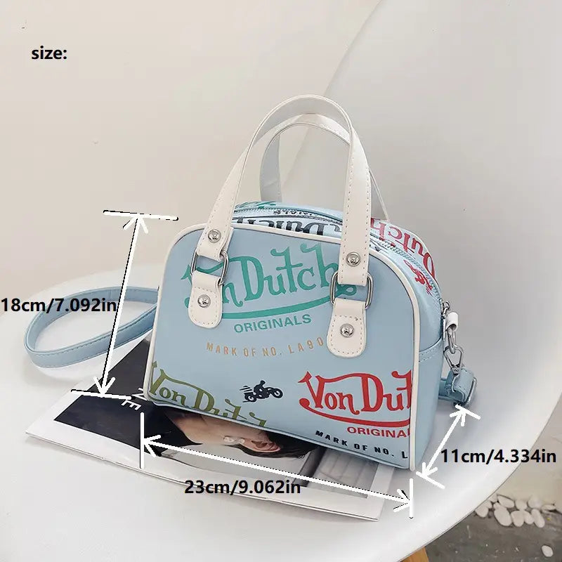 Light Blue Vintage Print Mini Satchel with Top Handle and Crossbody Strap