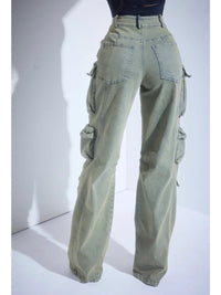 Utility Luxe Multi-Pocket Cargo Jeans in Washed Olive