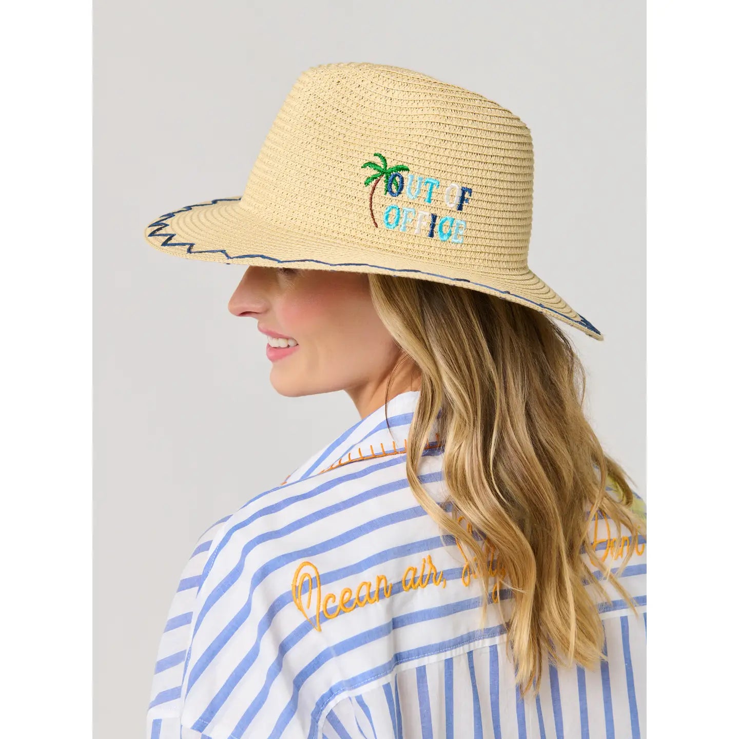 Out of Office Embroidered Wide Brim Straw Sun Hat