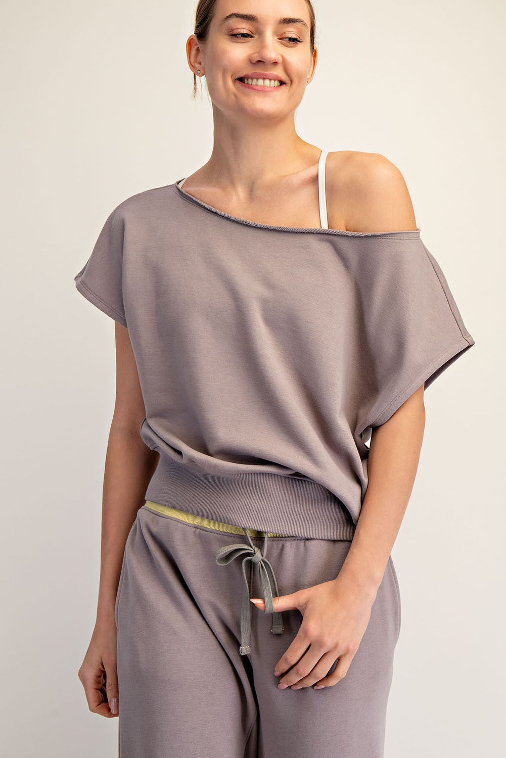 Nude Off-Shoulder Relaxed Fit Lounge Top
