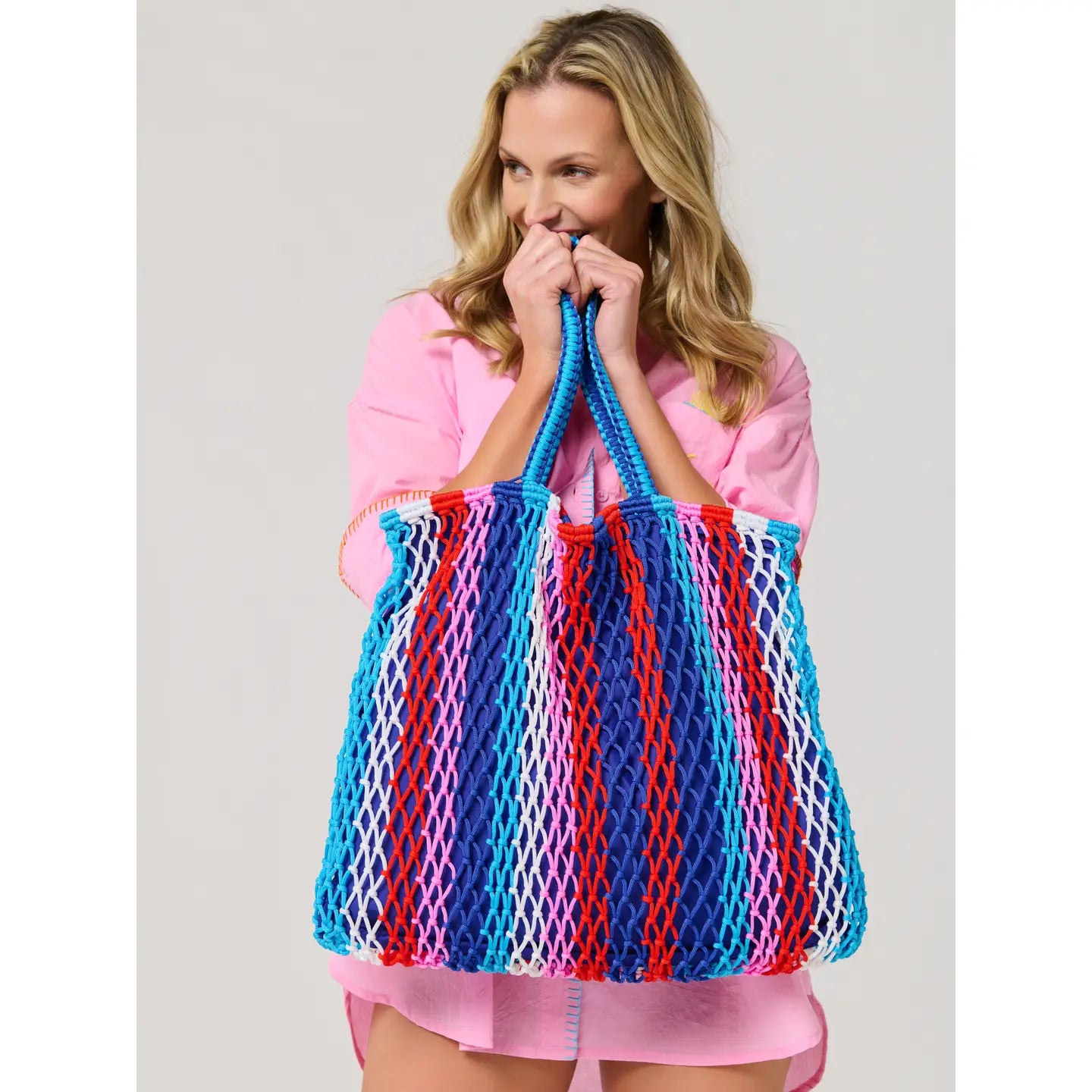 Multicolor Striped Mesh Net Tote Bag