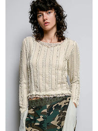 Textured Long Sleeve Knit Top with Lace Trim and Ruffle Hem Cream