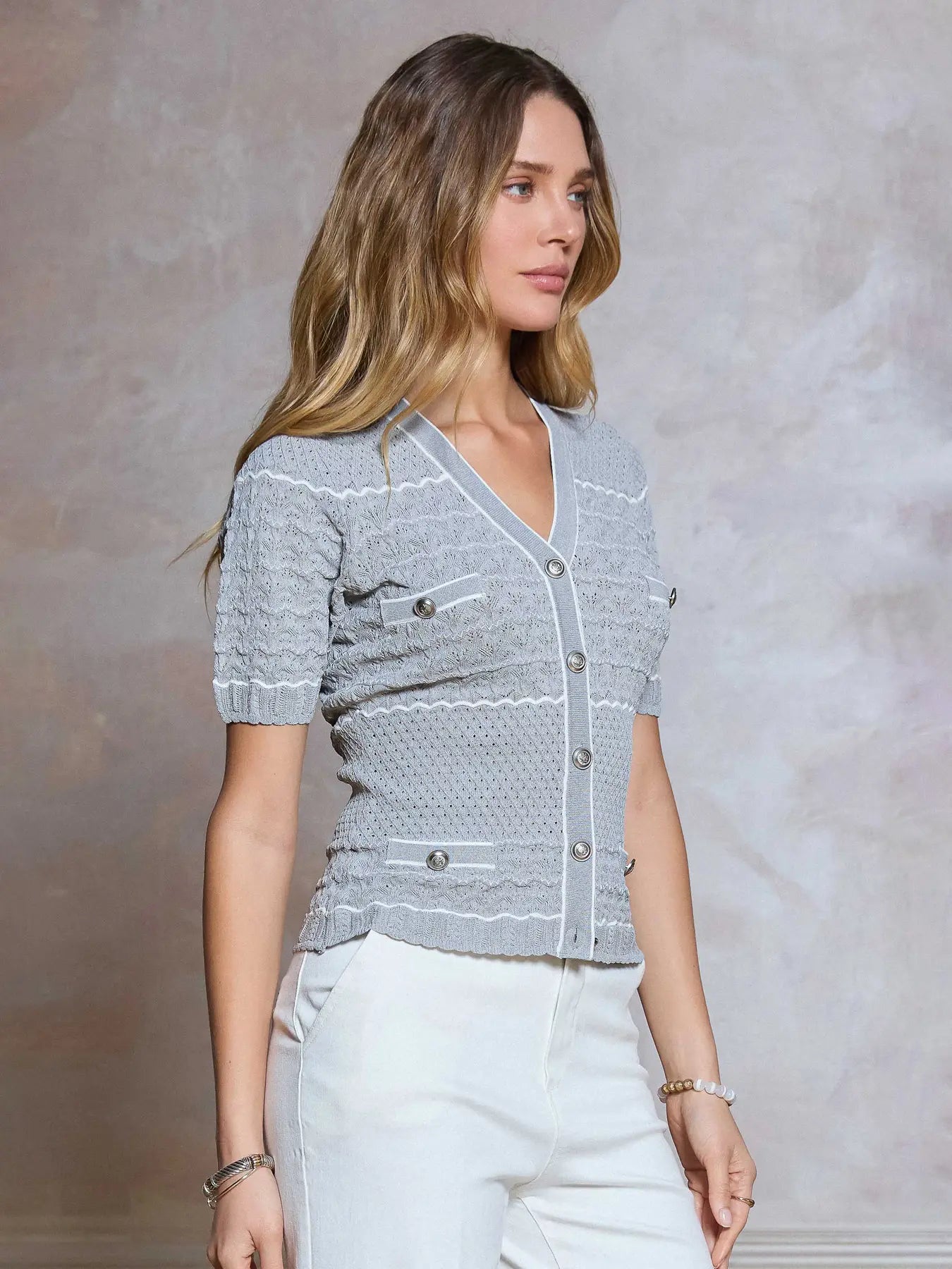 Gray Textured Knit Button Front Short Sleeve Cardigan Top