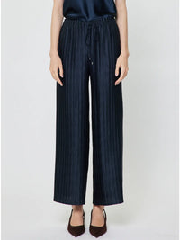 Pleated Wide Leg Drawstring Pants Navy Blue