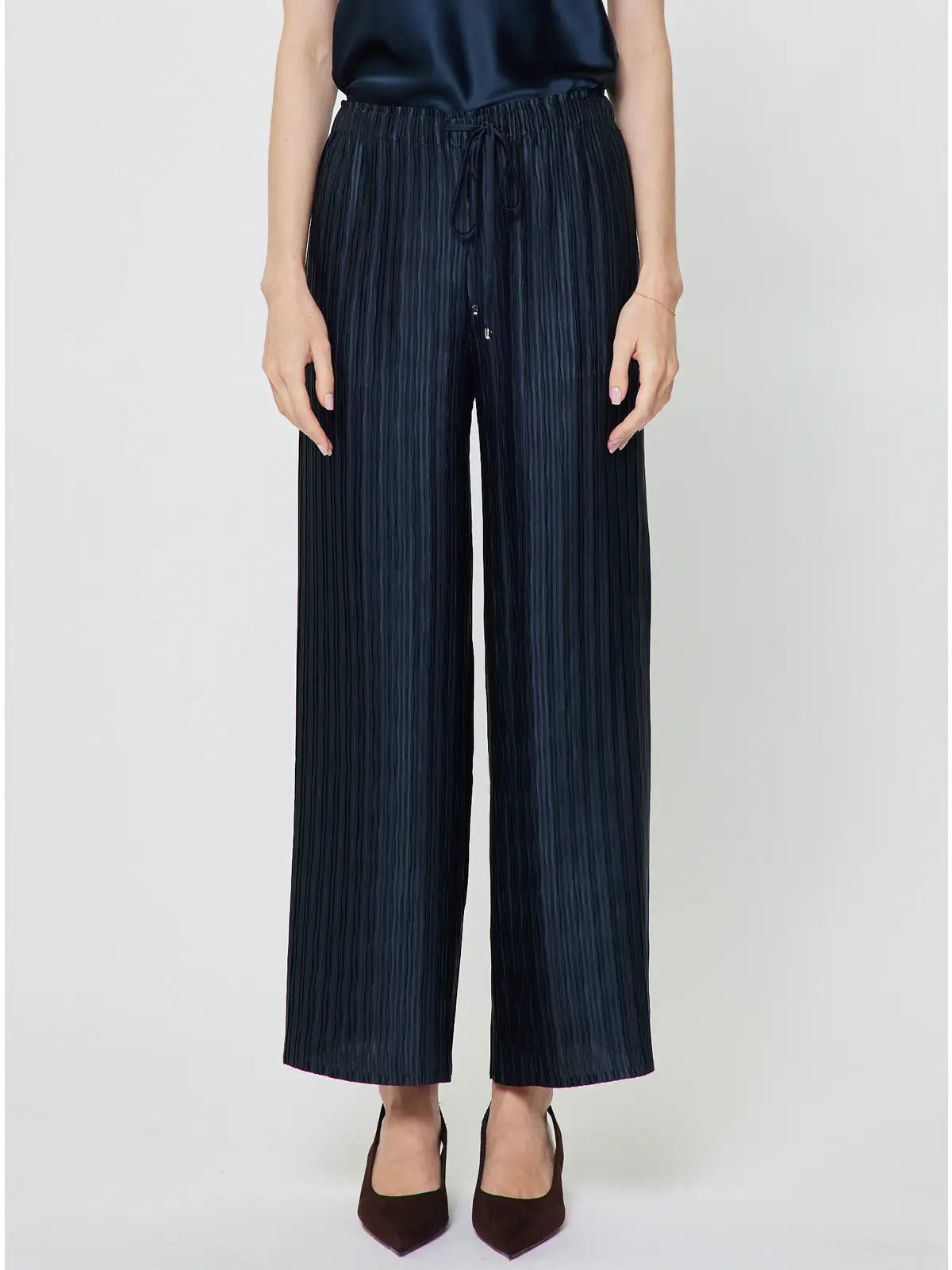 Pleated Wide Leg Drawstring Pants Navy Blue