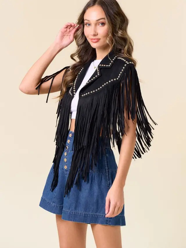 Black Fringe Cropped Western Shrug with Studded Trim