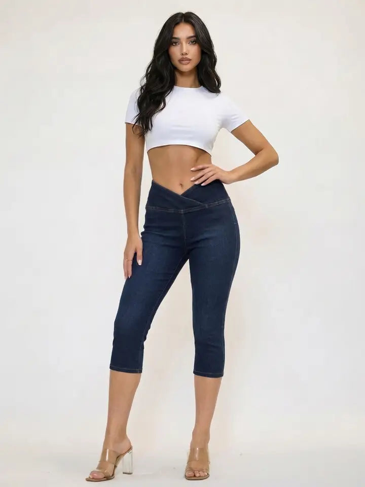 High Waisted Dark Wash Capri Denim Leggings with Crossover Waistband