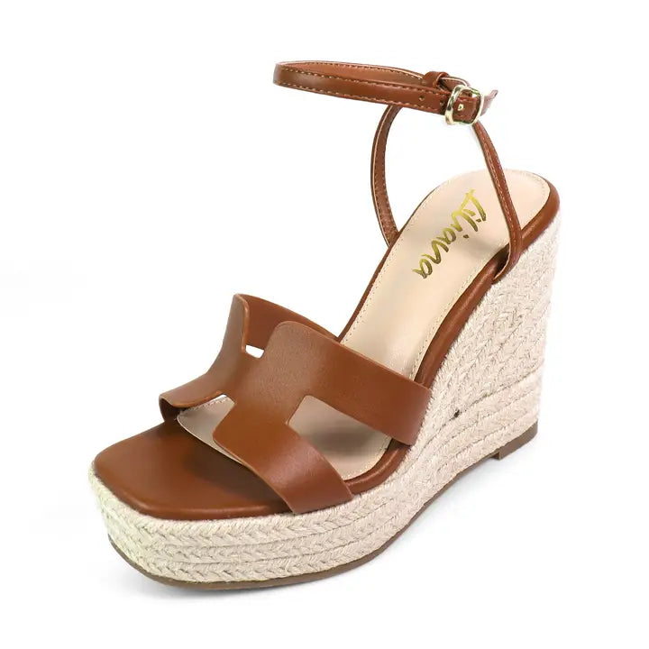 Leah Cutout Strap Espadrille Platform Wedge Sandals Brown