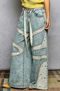 Boho Patchwork Lace Wide Leg Denim Pants