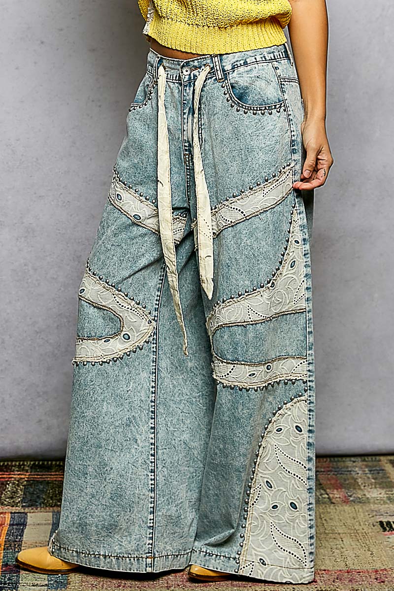 Boho Patchwork Lace Wide Leg Denim Pants