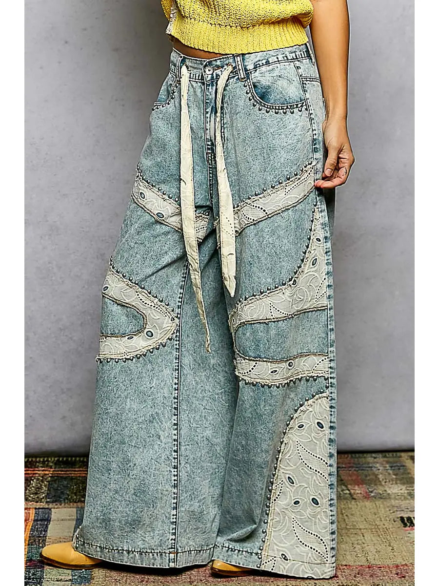 Boho Patchwork Lace Wide Leg Denim Pants