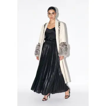 Vegan Fur Cuff Embroidered Open-Front Duster Coat