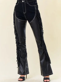Leather Fringe Flare Pants in Black