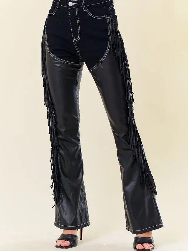Leather Fringe Flare Pants in Black