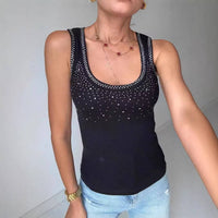 Ribbed U-Neck Tank Top with Rhinestones  Detail in Black