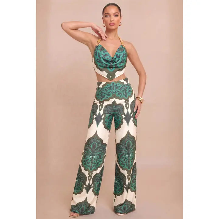 Green Printed Halter Crop Top and Wide-Leg Pants Set
