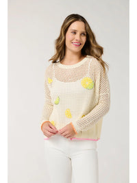 White Embroidered Open Knit Lightweight Sweater