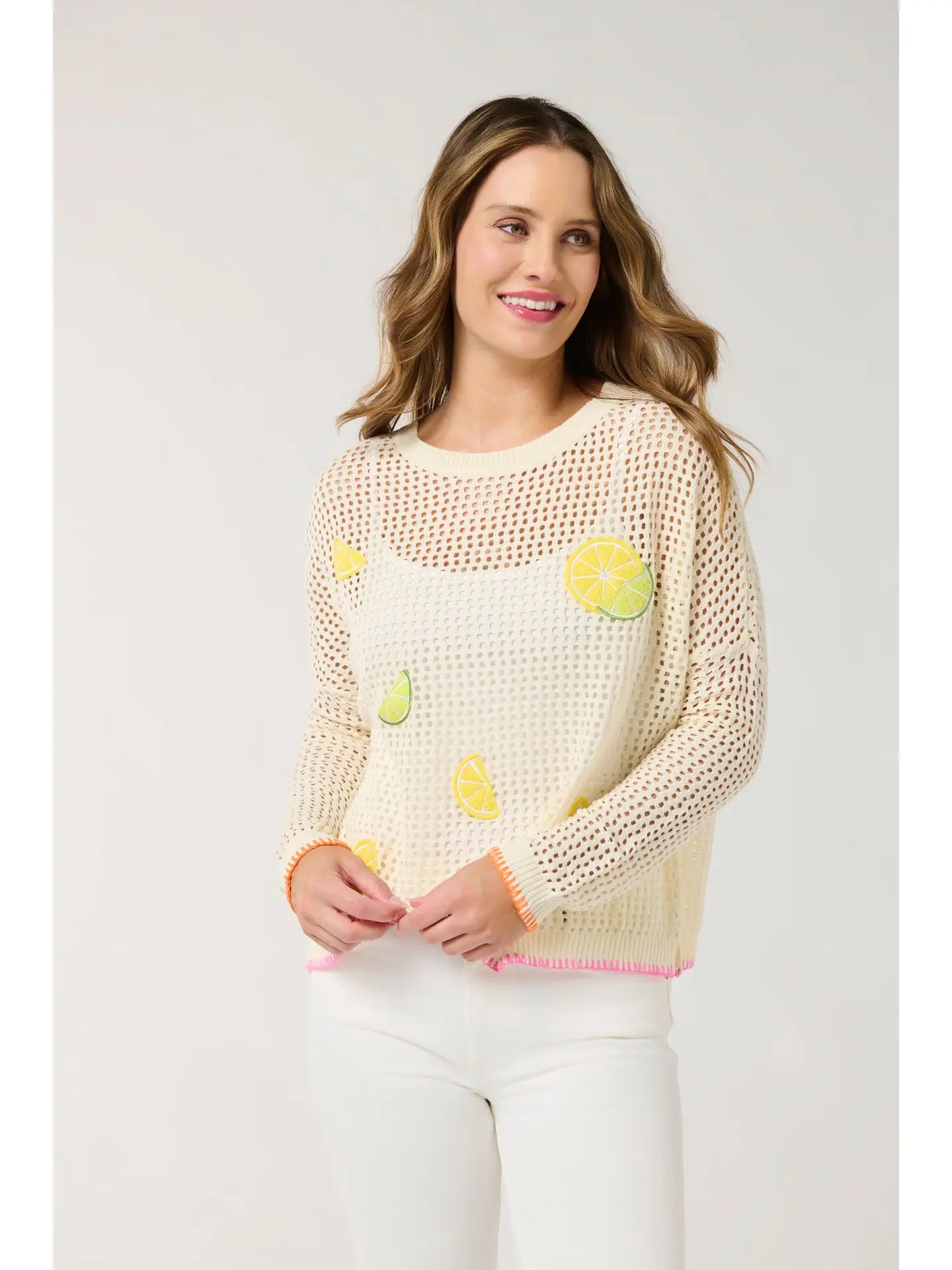 White Embroidered Open Knit Lightweight Sweater