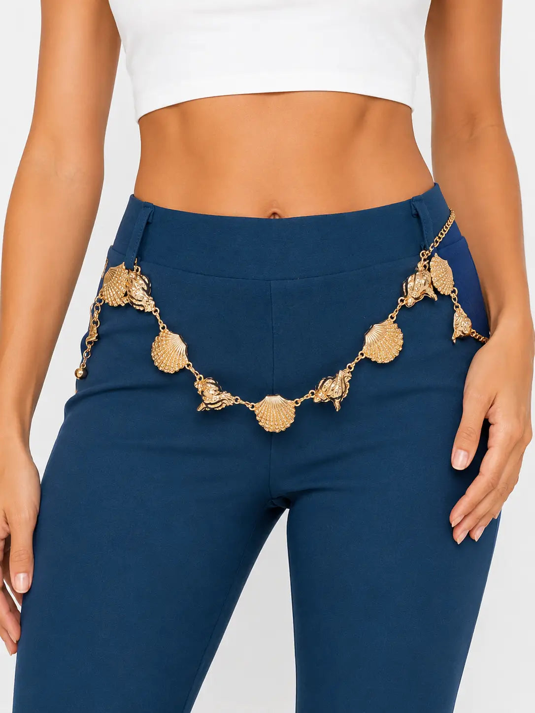 High Waist Blue Flare Pants with Gold Chain Detail