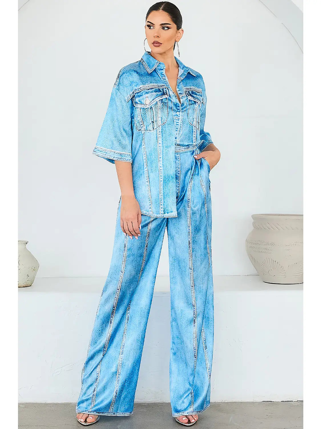 Relaxed Denim Print Button-Up Top and Wide-Leg Pant Set