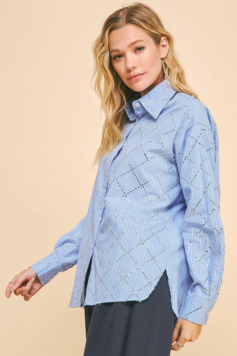 STRIPED LONG SLEEVE LOOSE FIT BUTTON DOWN SHIRT BLUE