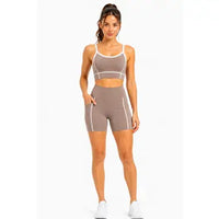 Nude Contrast Trim Active Crop Top & Biker Shorts Set