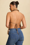 Taupe Draped Halter Top with Braided Neck Detail