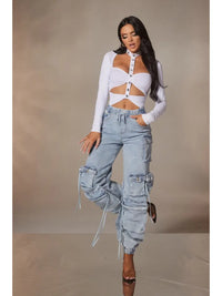 Light Wash Cargo Jogger Jeans with Drawstring Detailing