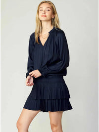 Navy Pleated Tiered Mini Dress with Smocked Waist and Long Sleeves