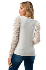 Elegant Lace Sleeve Puff Shoulder Blouse - White