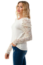 Elegant Lace Sleeve Puff Shoulder Blouse - White