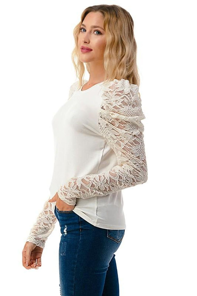 Elegant Lace Sleeve Puff Shoulder Blouse - White