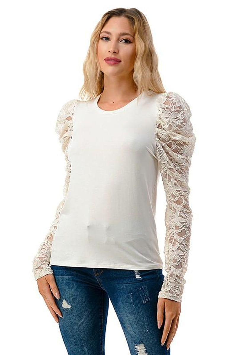 Elegant Lace Sleeve Puff Shoulder Blouse - White