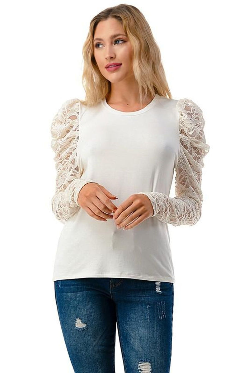 Elegant Lace Sleeve Puff Shoulder Blouse - White