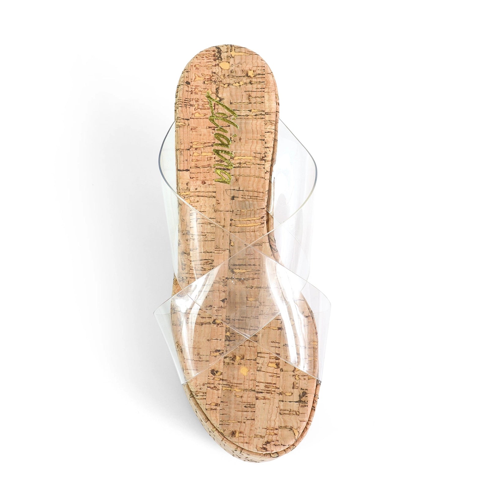 Mio Clear Strap Cork Platform Wedge Slide Sandals