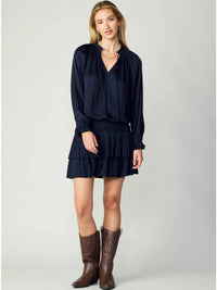 Navy Pleated Tiered Mini Dress with Smocked Waist and Long Sleeves